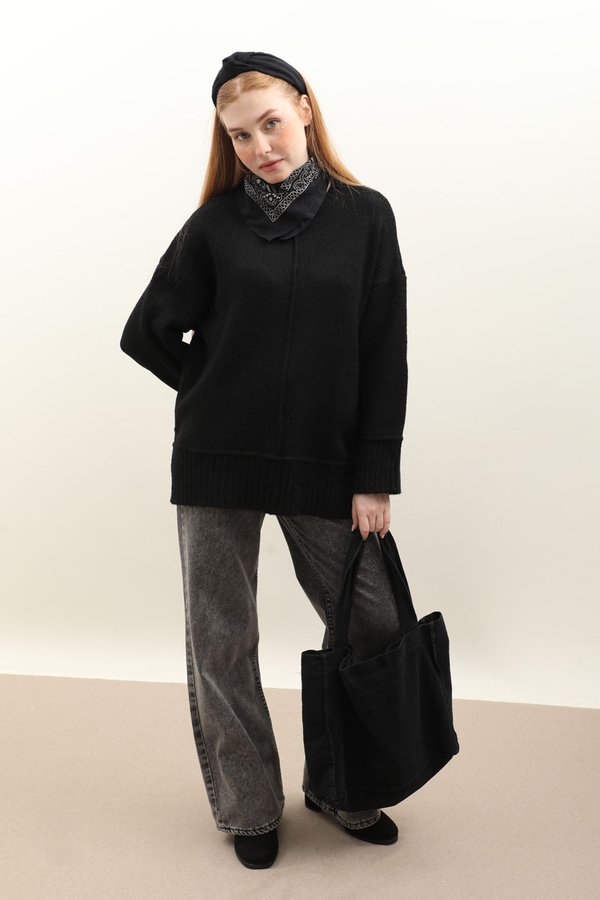 Önden Dikişli Oversize Kazak Siyah - 2