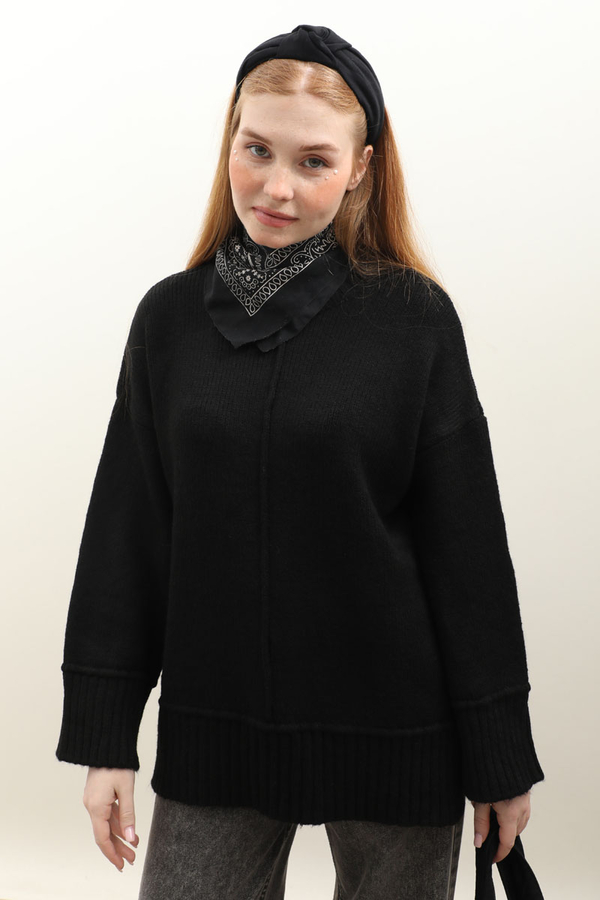 Önden Dikişli Oversize Kazak Siyah - 3