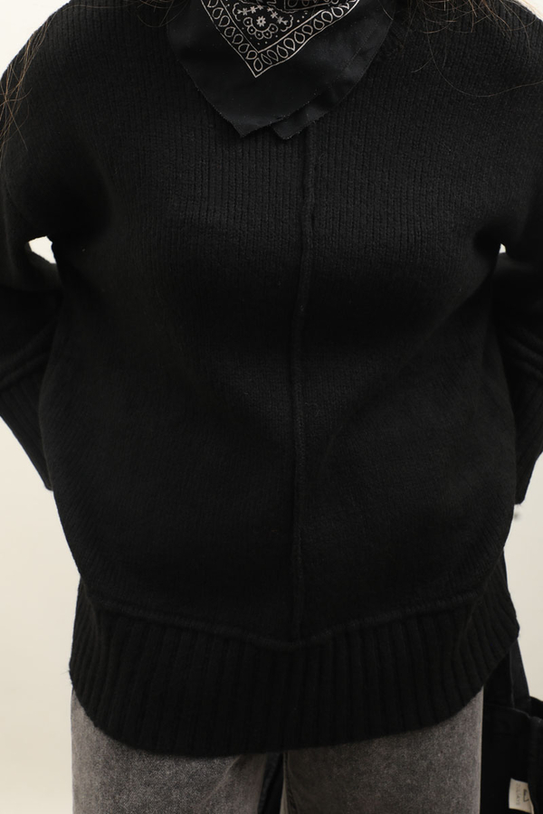 Önden Dikişli Oversize Kazak Siyah - 5