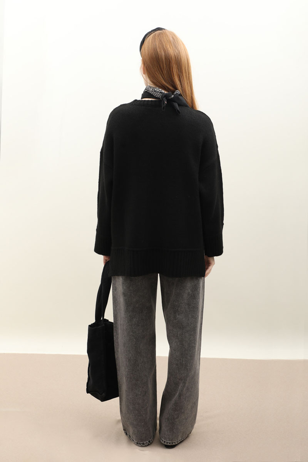 Önden Dikişli Oversize Kazak Siyah - 8