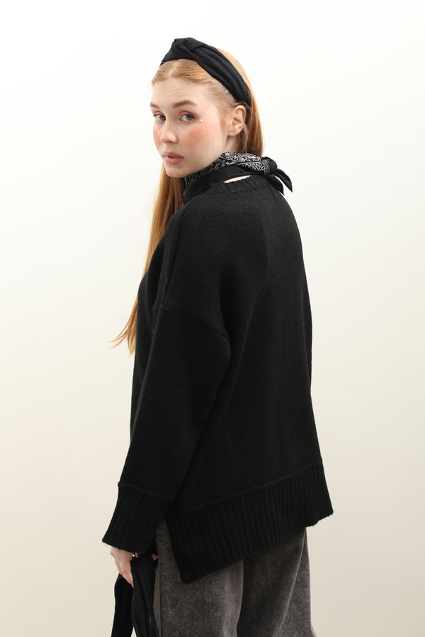 Önden Dikişli Oversize Kazak Siyah - 9