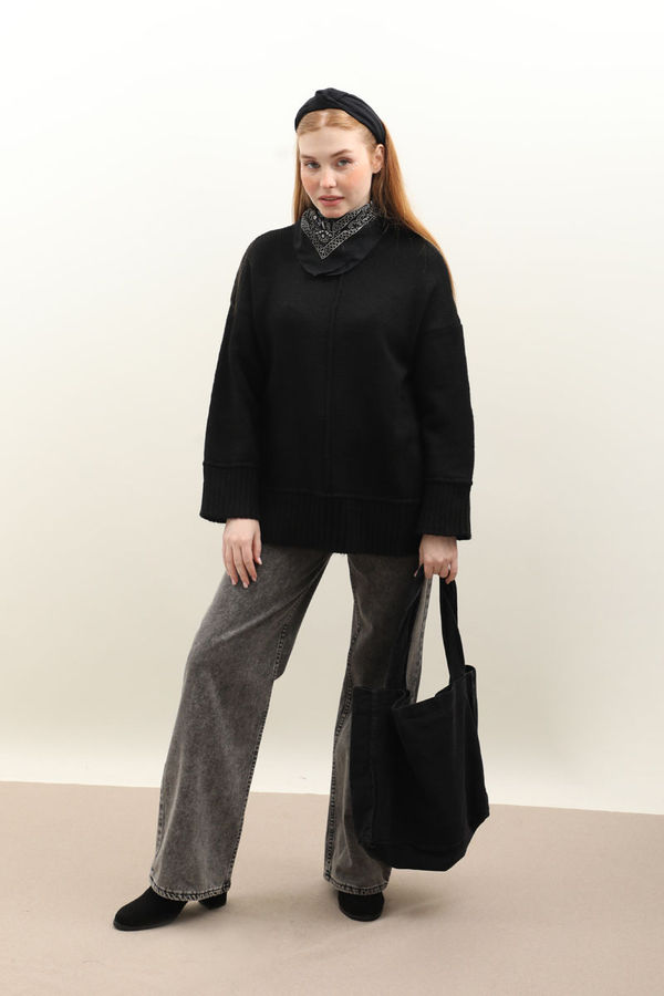 Önden Dikişli Oversize Kazak Siyah - 1