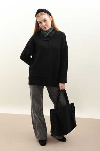 Önden Dikişli Oversize Kazak Siyah - 2