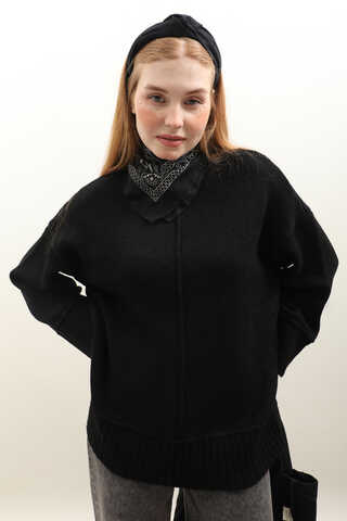 Önden Dikişli Oversize Kazak Siyah - 4