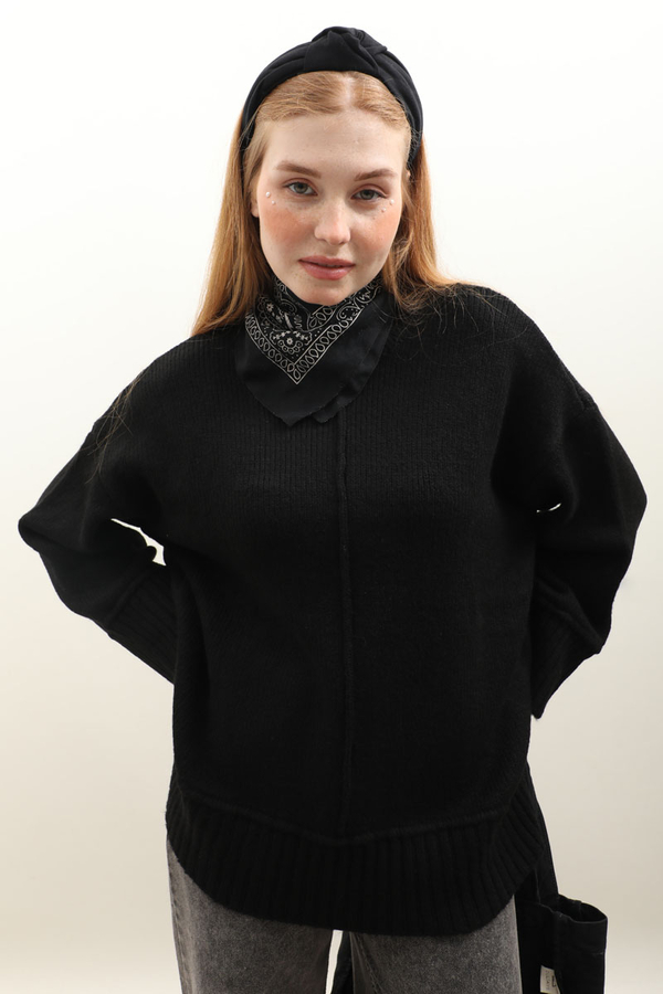 Önden Dikişli Oversize Kazak Siyah - 4