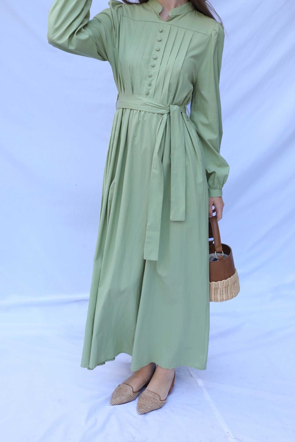 Önden Düğmeli Poplin Elbise Avokado - 4