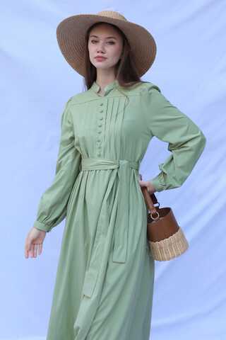 Önden Düğmeli Poplin Elbise Avokado - 5