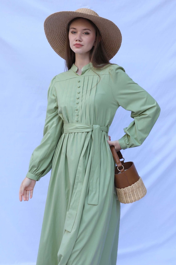 Önden Düğmeli Poplin Elbise Avokado - 5