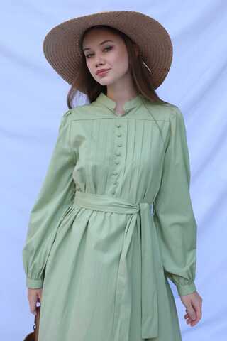 Önden Düğmeli Poplin Elbise Avokado - 2