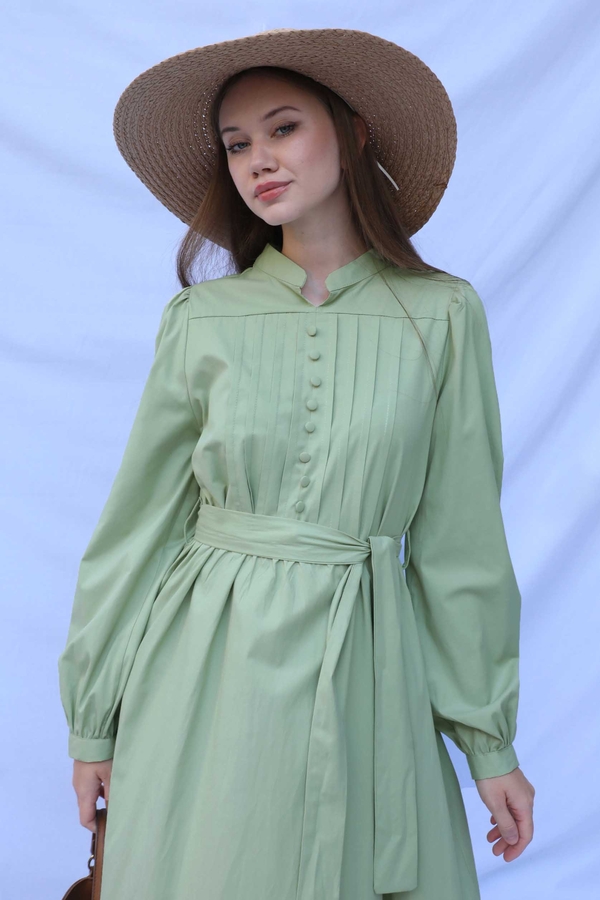 Önden Düğmeli Poplin Elbise Avokado - 2