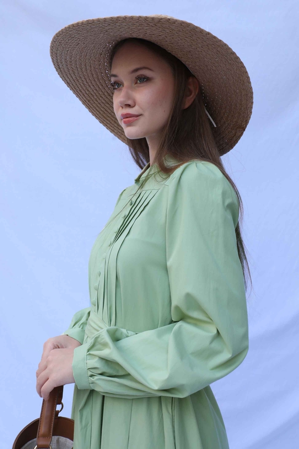 Önden Düğmeli Poplin Elbise Avokado - 6