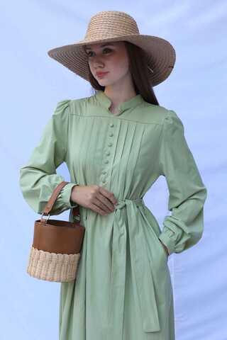 Önden Düğmeli Poplin Elbise Avokado - 7