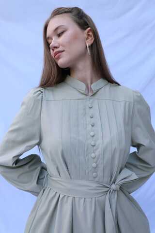 Önden Düğmeli Poplin Elbise Çakıl - 5