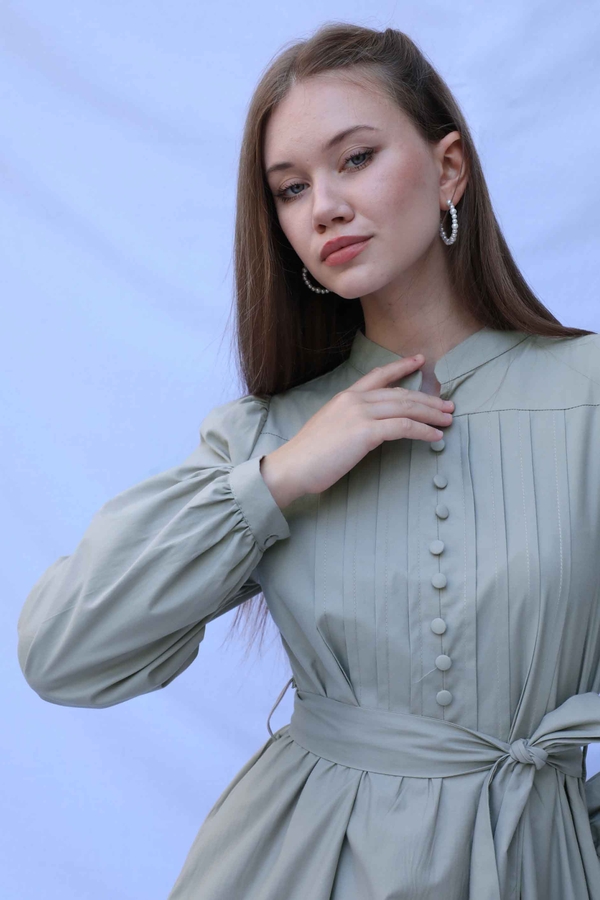 Önden Düğmeli Poplin Elbise Çakıl - 6