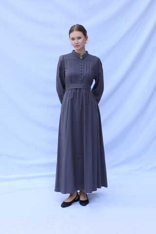 Önden Düğmeli Poplin Elbise Füme - 1