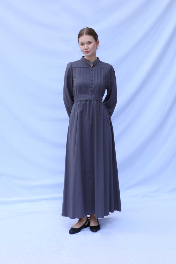Önden Düğmeli Poplin Elbise Füme - 1