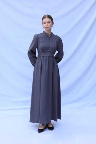 Önden Düğmeli Poplin Elbise Füme - 3