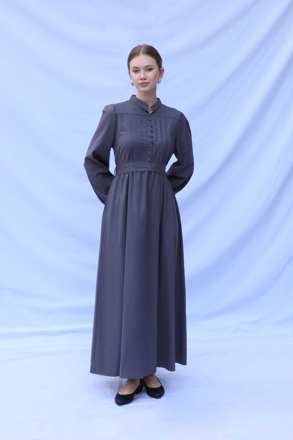 Önden Düğmeli Poplin Elbise Füme - 3