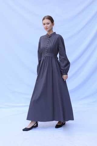 Önden Düğmeli Poplin Elbise Füme - 4