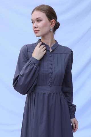 Önden Düğmeli Poplin Elbise Füme - 5