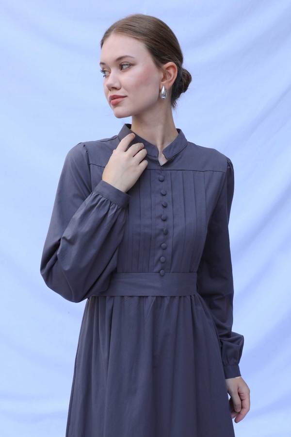 Önden Düğmeli Poplin Elbise Füme - 5
