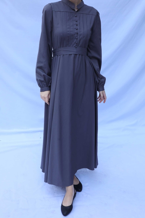 Önden Düğmeli Poplin Elbise Füme - 6