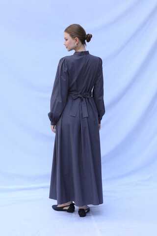 Önden Düğmeli Poplin Elbise Füme - 8