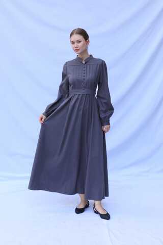 Önden Düğmeli Poplin Elbise Füme - 2