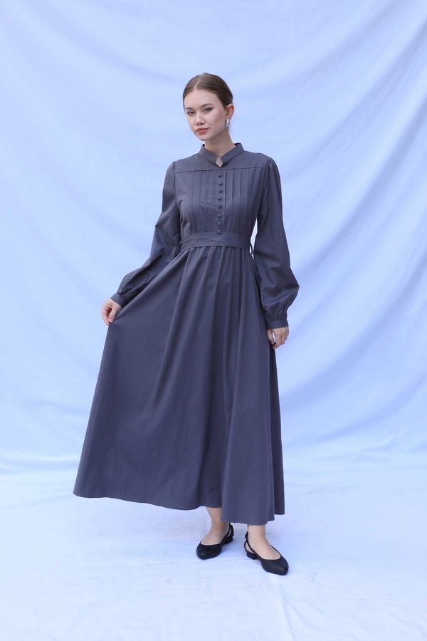 Önden Düğmeli Poplin Elbise Füme - 2