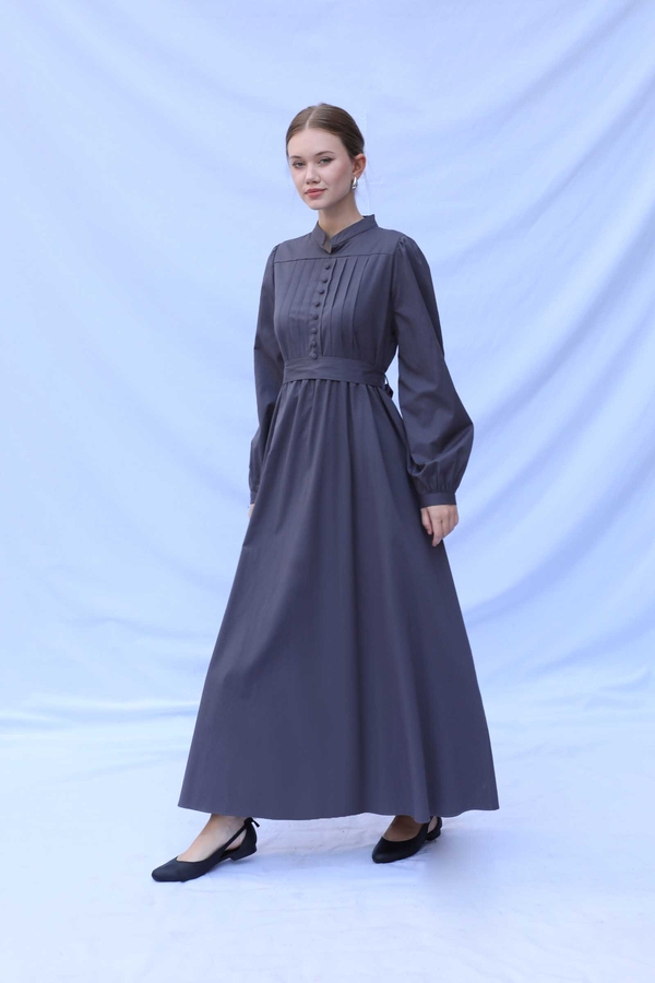 Önden Düğmeli Poplin Elbise Füme - 4