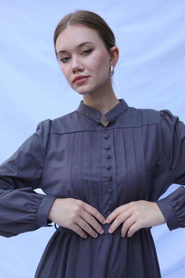 Önden Düğmeli Poplin Elbise Füme - 7