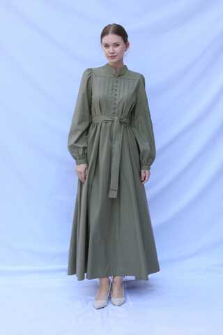 Önden Düğmeli Poplin Elbise Haki - 1