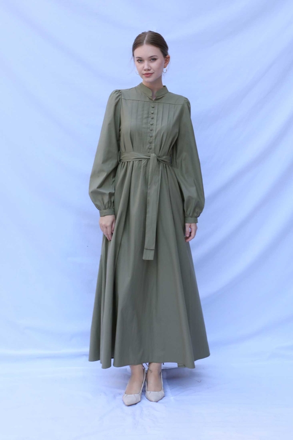 Önden Düğmeli Poplin Elbise Haki - 1