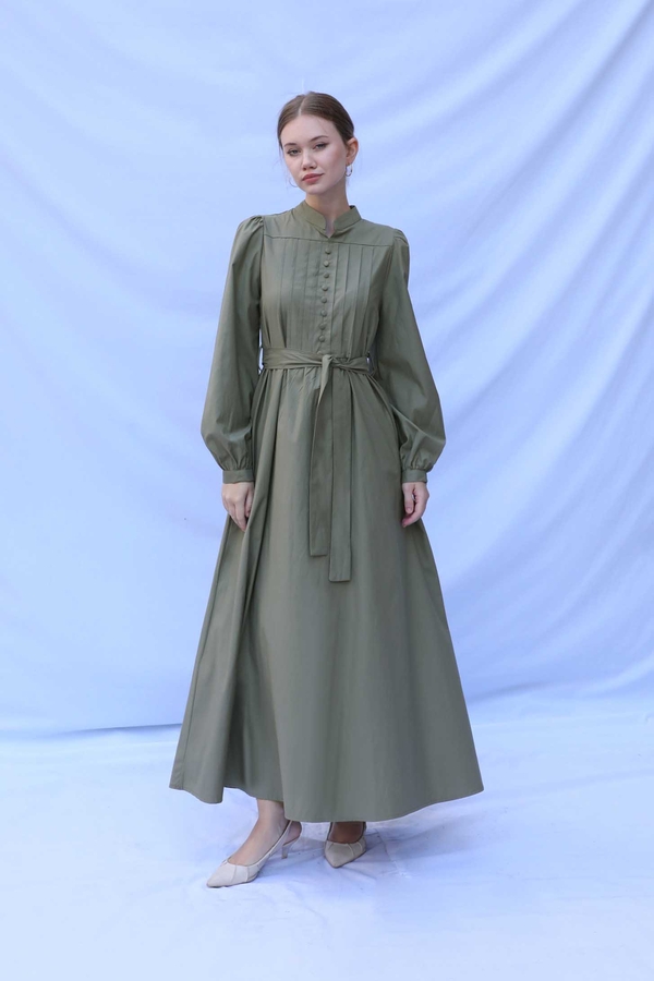 Önden Düğmeli Poplin Elbise Haki - 2