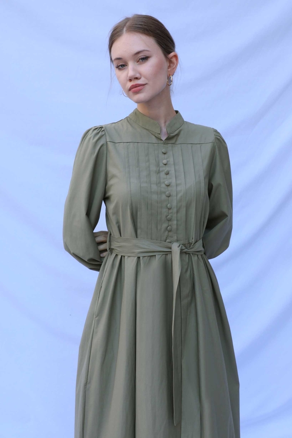Önden Düğmeli Poplin Elbise Haki - 3