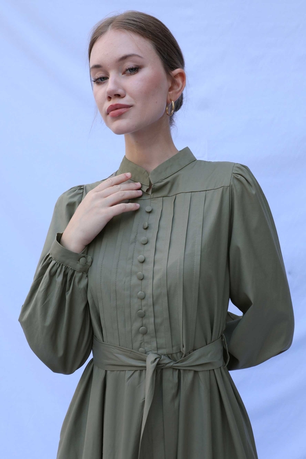 Önden Düğmeli Poplin Elbise Haki - 4