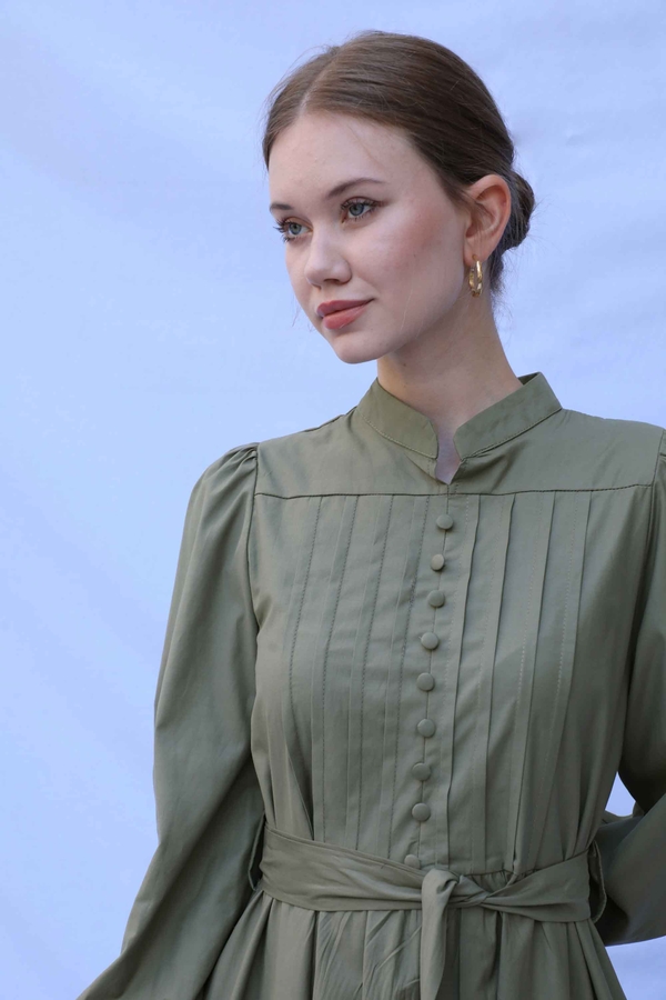 Önden Düğmeli Poplin Elbise Haki - 5