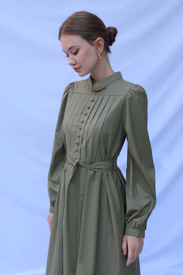 Önden Düğmeli Poplin Elbise Haki - 6