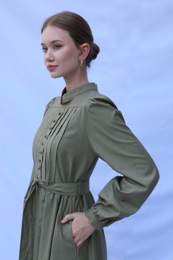 Önden Düğmeli Poplin Elbise Haki - 7