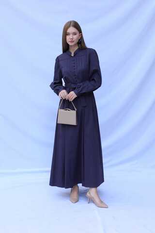 Önden Düğmeli Poplin Elbise Lacivert - 2