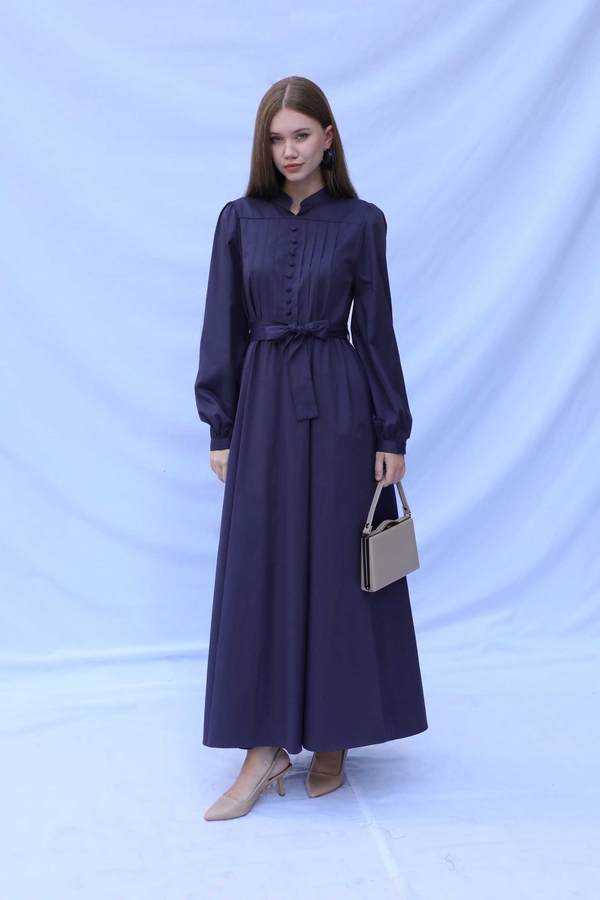 Önden Düğmeli Poplin Elbise Lacivert - 1