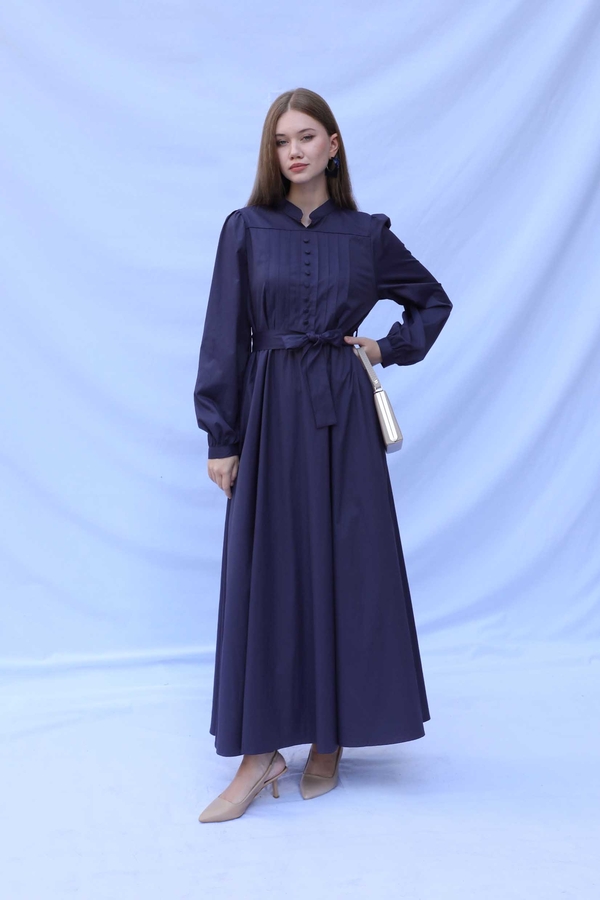 Önden Düğmeli Poplin Elbise Lacivert - 3