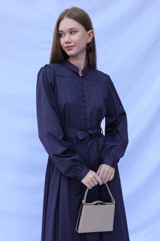 Önden Düğmeli Poplin Elbise Lacivert - 5