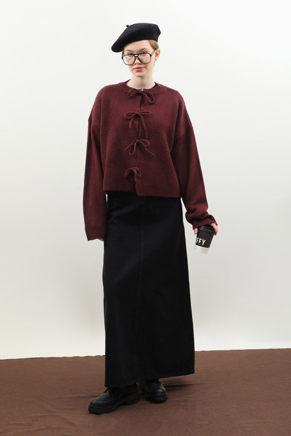 Önü Bağcıklı Hırka Bordo - 1