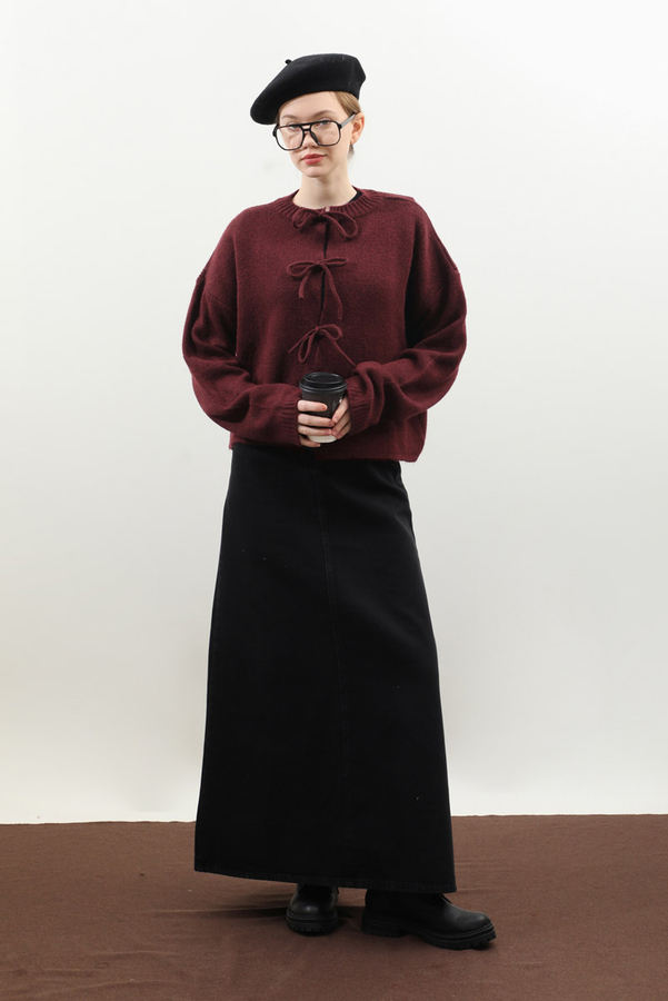 Önü Bağcıklı Hırka Bordo - 2