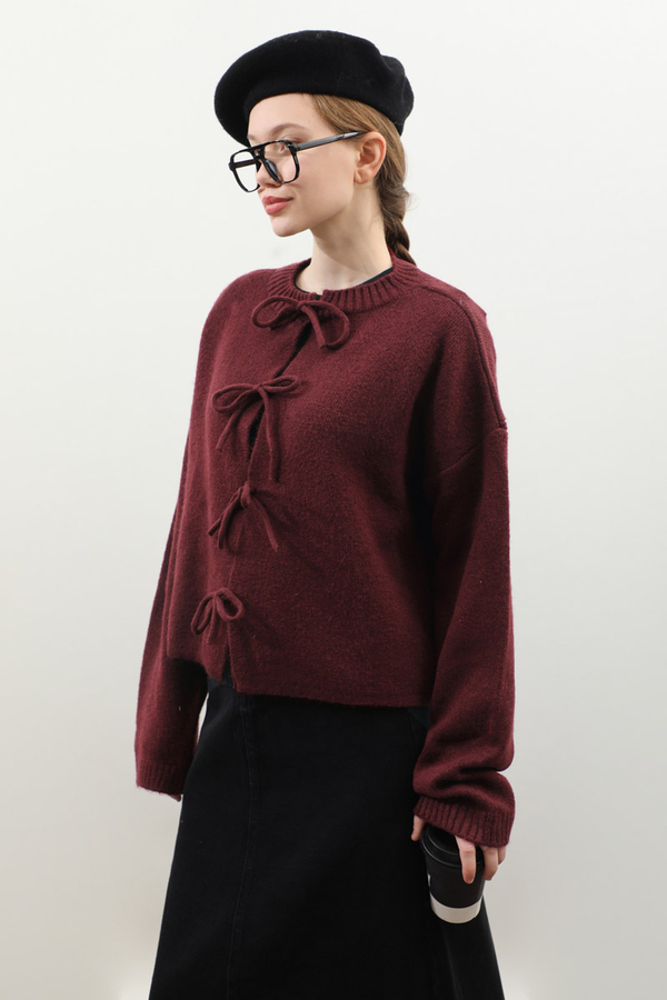 Önü Bağcıklı Hırka Bordo - 4