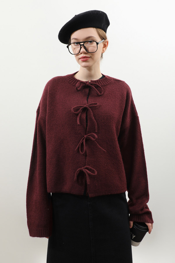 Önü Bağcıklı Hırka Bordo - 5