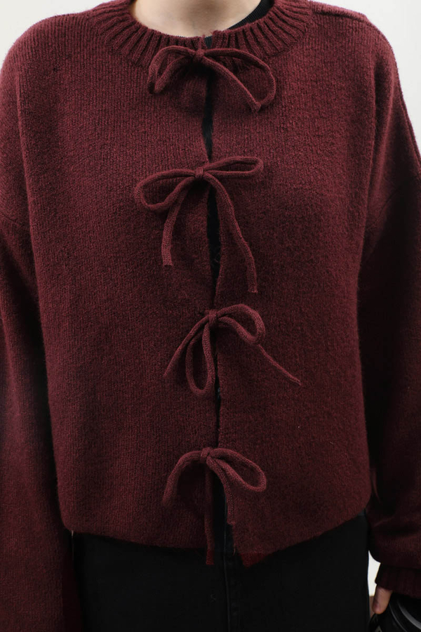 Önü Bağcıklı Hırka Bordo - 7