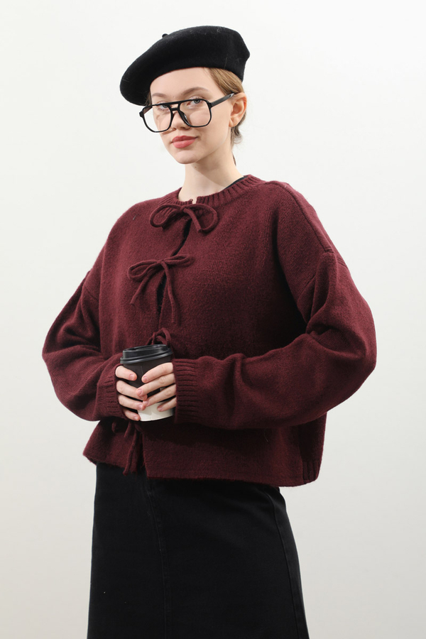 Önü Bağcıklı Hırka Bordo - 9