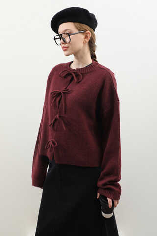 Önü Bağcıklı Hırka Bordo - 4